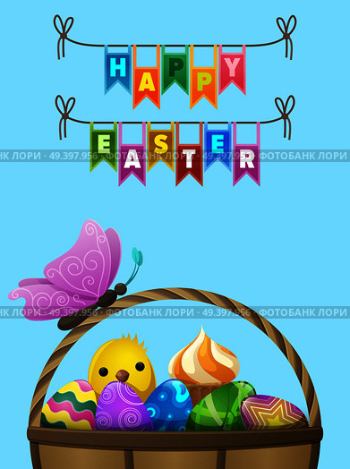 Happy easter flyer. Butterfly seating on handle of wicker basket full of bright painted eggs, cupcake and little chicken vector. Easter festive concept for wrapping paper, greeting card design. Happy Easter Vector Flyer or Concept. Стоковая иллюстрация, агентство Ingram Publishing / Фотобанк Лори