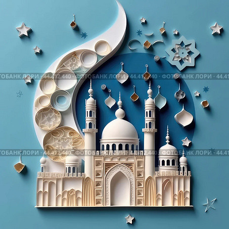 Happy Eid Al Adha, with background of a mosque, moon, stars. Стоковое AI-изображение, AI-художник Veniamin Kraskov / Фотобанк Лори