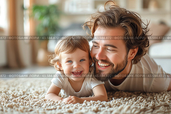 Happy Father and Toddler Son Play on Carpeted Floor. Стоковое AI-изображение, AI-художник Сергей Толмачёв / Фотобанк Лори