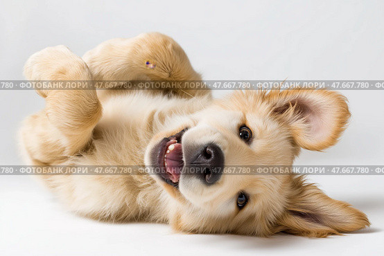 Happy golden retriever puppy playing on a white background in studio. Счастливый щенок золотистого ретривера играет на белом фоне в студии. Стоковое AI-изображение, AI-художник Katsiaryna Repich / Фотобанк Лори