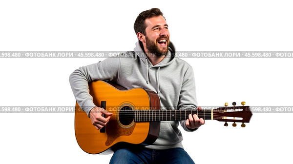Happy guy in gray hoodie sitting and playing acoustic guitar, isolated on white background, casual style, enjoying music, musician strumming strings, relaxed mood. Стоковое AI-изображение, AI-художник Павел Муравьев / Фотобанк Лори