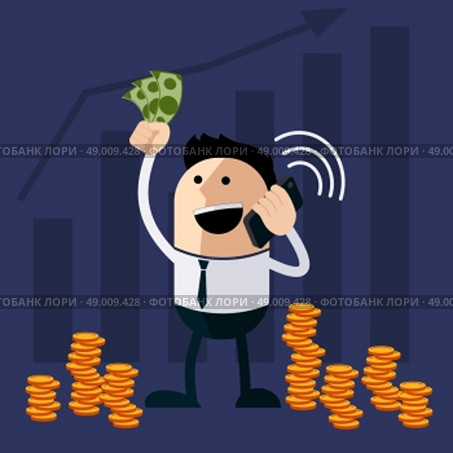 Happy man holding money and phone cartoon flat design style. Стоковая иллюстрация, агентство Ingram Publishing / Фотобанк Лори