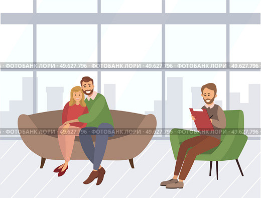 Happy married couple on couch and male psychologist or psychotherapist sitting in front of them in consultation. Resolved family conflict, relationship problem, reconciliation flat illustration. Happy couple and male psychologist or psychotherapist sitting in front of them in consultation. Стоковая иллюстрация, агентство Ingram Publishing / Фотобанк Лори
