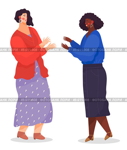 Happy meeting of two friends, women are glad to see each other, emotional meeting of colleagues at work. Surprised vector cartoon female characters raised hands get ready to hug, good relationship. Happy meeting of two friends, women are glad to see each other, emotional meeting of colleagues. Стоковая иллюстрация, агентство Ingram Publishing / Фотобанк Лори