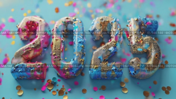 Happy new year holiday background with numbers 2025. 3D text saying 2025 made of color confetti, splash font, with color background, greeting card, Christmas and new year celebration, holiday season. Стоковое AI-видео, аниматор Ирина Михайличенко / Фотобанк Лори