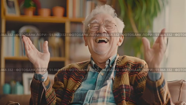 Happy older man sits on a couch with his hands in the air. Стоковое AI-видео, аниматор Данила Большаков / Фотобанк Лори