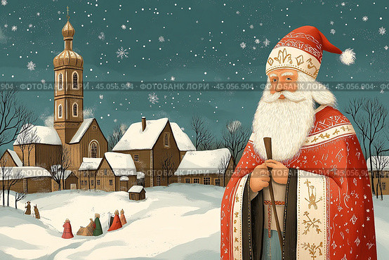 Happy Saint Nicholas Day. St.Nicolas holding gift. Winter holiday. Стоковое AI-изображение, AI-художник Ирина Ручушкина / Фотобанк Лори