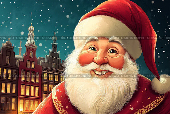 Happy Saint Nicholas Day. St.Nicolas holding gift. Winter holiday. Стоковое AI-изображение, AI-художник Ирина Ручушкина / Фотобанк Лори