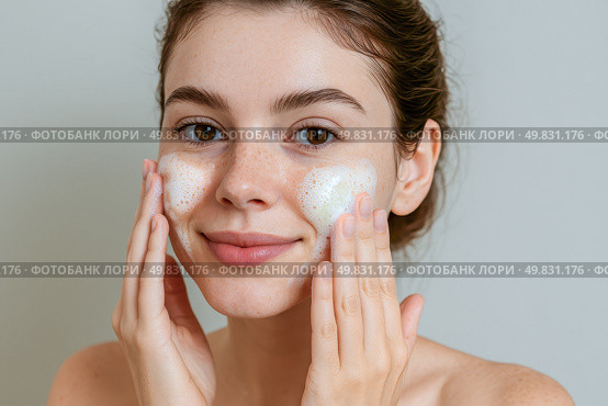 Happy smiling woman washing her face with foam cleanser. Young girl enjoying daily skincare routine with beauty cosmetic product. Стоковое AI-изображение, AI-художник Павел Муравьев / Фотобанк Лори