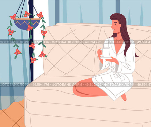 Happy smiling woman wearing bathrobe relaxing at sofa with a cup of drink at home. Cheerful brunette looking at curtains and hanging houseplant. Relaxation with tea or coffee after work at home. Happy smiling woman wearing bathrobe relaxing at sofa with a cup of drink at home, cheerful brunette. Стоковая иллюстрация, агентство Ingram Publishing / Фотобанк Лори