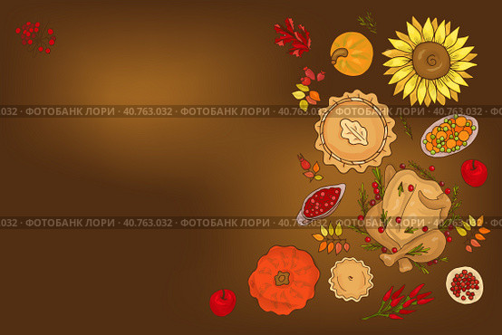 Happy thanksgiving day with autumn leaves, Turkey, apple, jam jar, pie, sunflower, pumpkin. Стоковая иллюстрация, иллюстратор Ольга Головкина / Фотобанк Лори