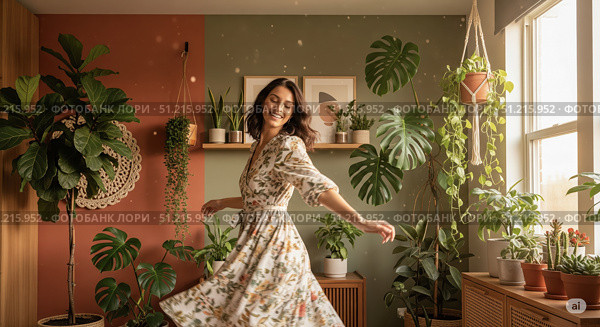 Happy woman dancing in cozy home interior with many plants, beautiful carefree female in white floral dress enjoying slow living for lifestyle or wellbeing concept. Стоковое AI-изображение, AI-художник Павел Муравьев / Фотобанк Лори
