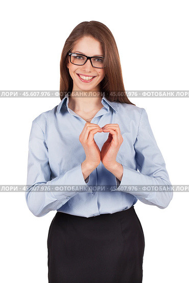 Happy woman put her hands in the form of heart. Стоковое фото, фотограф Дмитрий Киселёв / Фотобанк Лори