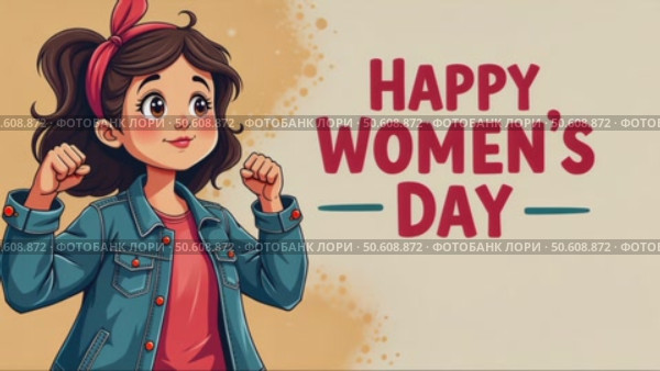 Happy Women's Day March 8! Poster with a girl showing her strength. Стоковое AI-видео, аниматор Sergey Grishin / Фотобанк Лори