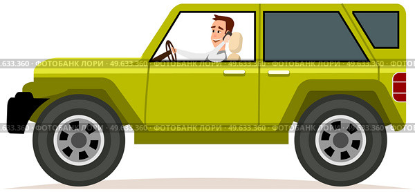 Happy young man driving light green car. Male character in transport isolated on white background. Bearded guy is driving vehicle and using his smartphone. Crossover, SUV, cross country car, jeep. Bearded guy is driving vehicle and using his smartphone. Crossover, SUV, cross country car, jeep. Стоковая иллюстрация, агентство Ingram Publishing / Фотобанк Лори