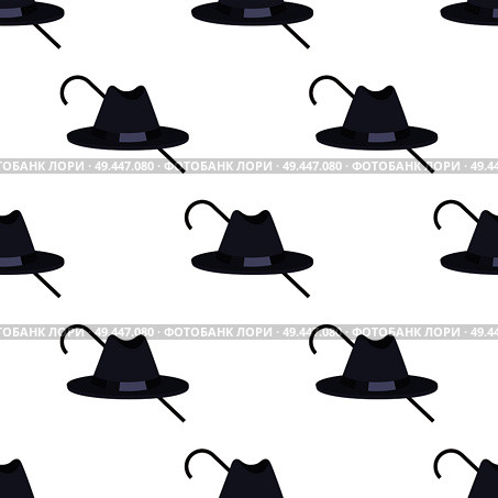 Hat of black color and walking stick making seamless pattern, objects created for mysterious men and gentlemen, vector illustration isolated on white. Hat and Walking Stick Pattern Vector Illustration. Стоковая иллюстрация, агентство Ingram Publishing / Фотобанк Лори