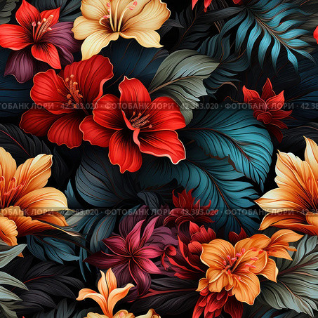 Hawaiian Design: With the following Blending ratios: floral designs with tropical rainforest broad leaves and blooms, it true, black background --no mock up ,Generative AI. Стоковое AI-изображение, AI-художник Анна Кривицкая / Фотобанк Лори