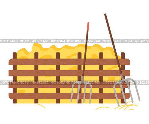 Hay bale vector, isolated agricultural scenery, tools for dried grass, hayforks and wooden fence with crops, countryside farming instruments flat style. Hay Protected with Wooden Fence, Hayfork Tool. Стоковая иллюстрация, агентство Ingram Publishing / Фотобанк Лори