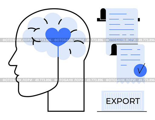 Head with brain and heart symbol representing cognition and emotions. Documents and checkbox suggesting verification, and export text implying business transactions. Ideal for mental health. Understanding Cognitive Processes in Business Transactions Wellness Efficiency Export Strategy. Стоковая иллюстрация, агентство Ingram Publishing / Фотобанк Лори