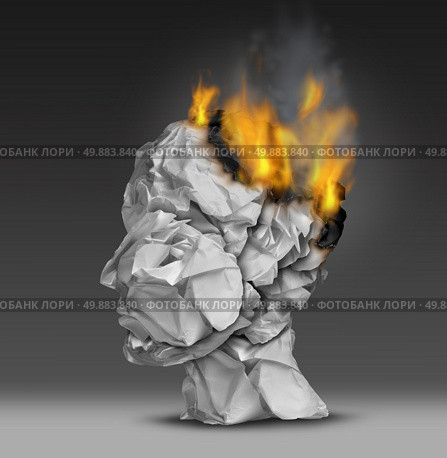 Headache  and mental illness concept as a group of crumpled office paper shaped as a human head that is on fire burning away at the brain as a symbol and medical metaphor for emotional stress at work or degenerative dementia disease as alzheimers. Стоковое фото, агентство Ingram Publishing / Фотобанк Лори
