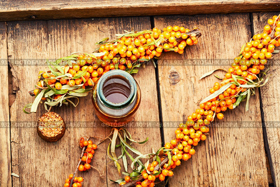 Healing extract from sea buckthorn. Sea buckthorn oil in a bottle on rustic wooden surface. Sea buckthorn berries in herbal medicine. Стоковое фото, агентство Ingram Publishing / Фотобанк Лори