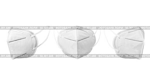 Health care set from medical antibacterial face masks for protection from viruses on a white background, copy space. Concept of prevention from respiratory sickness and infections.. Set from medical face masks floating against white background. Стоковое фото, агентство Ingram Publishing / Фотобанк Лори