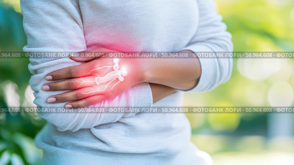 Health concept: Woman Holding Wrist with Pain Indication, wrist joint inflammation with pain or arthritis, design for health advertising, medical treatment. Стоковое AI-изображение, AI-художник Данила Большаков / Фотобанк Лори