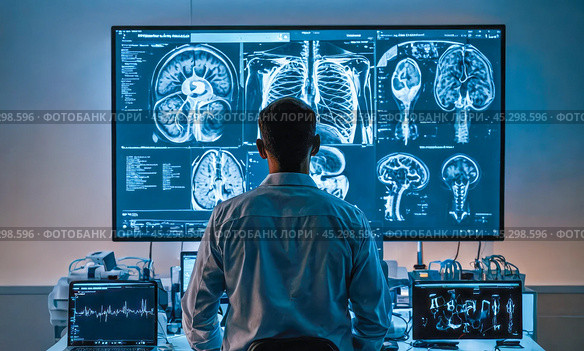 Healthcare worker in dimly lit room examines detailed MRI scans, images of human anatomy displayed on large, advanced monitor showcasing brain and chest area. Стоковое AI-изображение, AI-художник Павел Муравьев / Фотобанк Лори