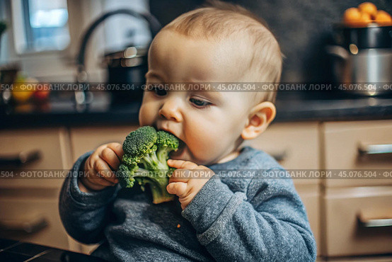 Healthy baby food. The first meal. Feeding the baby. A cute kid tastes broccoli. Fresh vegetables and fruits. Стоковое AI-изображение, AI-художник Photojuli / Фотобанк Лори