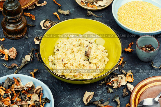 Healthy millet porridge with wild mushrooms. Homemade food, vegetarian food.. Porridge with mushrooms, vegetarian dish. Стоковое фото, агентство Ingram Publishing / Фотобанк Лори