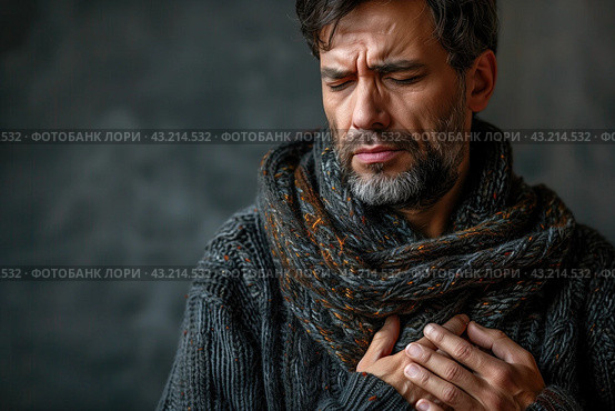 Heart attack, myocardial infarction, headache and migraine, man with head pain on a gray background, a face expressing suffering, health problems concept. Стоковое AI-изображение, AI-художник Станислав Тарко / Фотобанк Лори