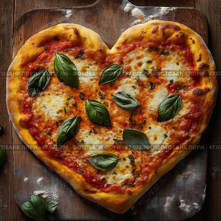 Heart-shaped pizza baked to perfection with fresh basil leaves and cheese. Пицца в форме сердца, запеченная до совершенства, с листьями свежего базилика и сыром. Стоковое AI-изображение, AI-художник Katsiaryna Repich / Фотобанк Лори