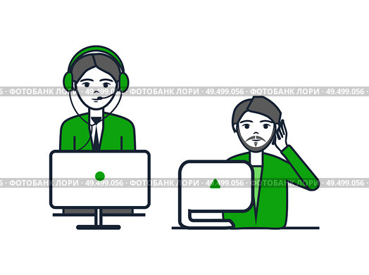 Helpline operators of center receive calls vector. Support non stop poster male and female at computers. Telemarketer representatives answer questions. Helpline Operators of Center Receive Calls Vector. Стоковая иллюстрация, агентство Ingram Publishing / Фотобанк Лори