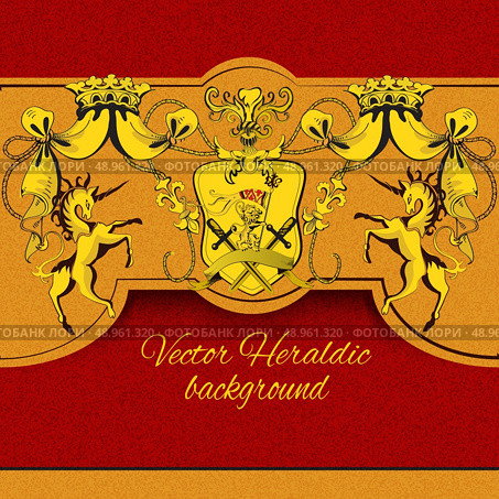 Heraldic colored sketch background with  crest shield and insignia emblems and swords lions unicorns vector illustration. Стоковая иллюстрация, агентство Ingram Publishing / Фотобанк Лори
