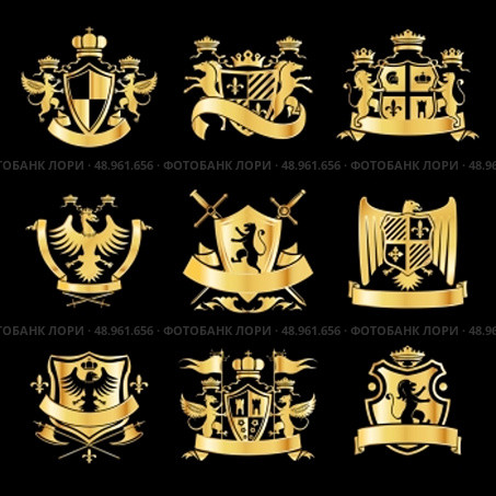 Heraldic royal art symbols decorative emblems golden set with griffin swords and ribbons isolated vector illustration. Стоковая иллюстрация, агентство Ingram Publishing / Фотобанк Лори