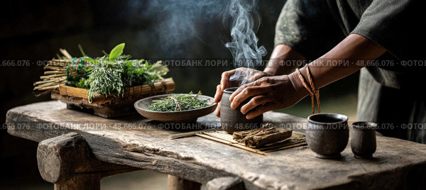 Herbalist preparing a traditional remedy with smoldering herbs. Стоковое AI-изображение, AI-художник Юрий Поздников / Фотобанк Лори