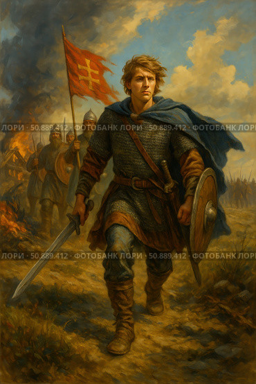 Heroic historical scene: a young warrior with a sword and shield goes forward at the head of his squad, a red banner flutters behind him and armed warriors follow. The background is filled with battle smoke and flames, enhancing the drama of the moment. The painting is painted in the style of academic painting, conveying an atmosphere of determination, courage and struggle for a just cause. Suitable for historical and military themes, book covers, films and board games. Стоковое AI-изображение, AI-художник Анна Кривицкая / Фотобанк Лори