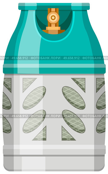 High cylinder, canister with fuel, storage for gas. Metal tank with liquefied compressed petroleum, propane. Pressurized gas cylinder, storage with tap for substance release vector illustration. High cylinder, canister with fuel, storage for gas. Metal tank with liquefied compressed substance. Стоковая иллюстрация, агентство Ingram Publishing / Фотобанк Лори