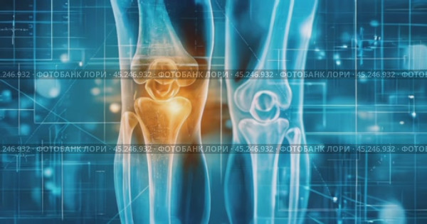 High-tech computer model of a leg with an inflamed knee joint. X-ray of the knee joint. Стоковое AI-видео, аниматор Александр Довянский / Фотобанк Лори