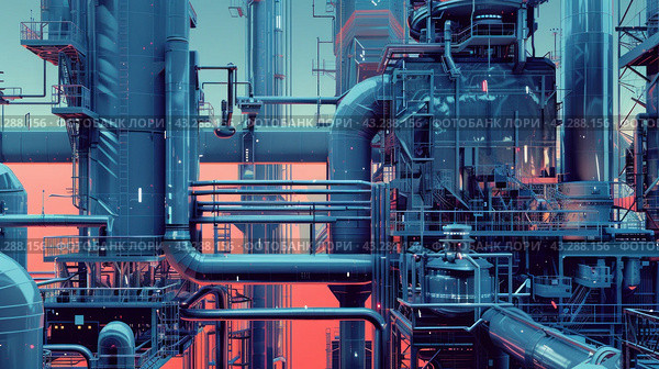 High-tech industrial infrastructure filled with pipes, tanks and various metal structures. The background is made in bright red and blue tones, which gives the picture a futuristic and technogenic look. Factory elements are structured and ordered, which emphasizes the modernity and innovation of production. Стоковое AI-изображение, AI-художник Анна Кривицкая / Фотобанк Лори