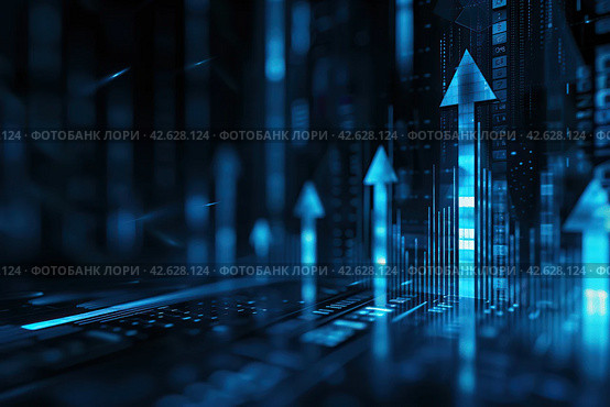 High tech stock market data on digital screen. Dark dynamic background of charts, graphs, and numbers. Blue light. Immersive financial theme for media design projects. Trading charts, bar, arrows. Стоковое AI-изображение, AI-художник Марина Демидюк / Фотобанк Лори
