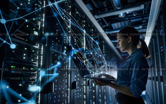 Hightech data center with woman using laptop and digital glowing blue lines. Стоковое AI-изображение, AI-художник Anastasy Yarmolovich / Фотобанк Лори