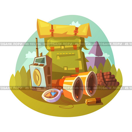 Hiking Equipment Concept . Hiking equipment cartoon concept with rucksack binoculars and compass vector illustration . Стоковая иллюстрация, агентство Ingram Publishing / Фотобанк Лори