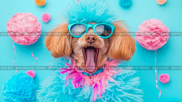 Hilarious Party: A happy dog in glasses with blue fur and pompons celebrates a colorful event. Стоковое AI-изображение, AI-художник Данила Большаков / Фотобанк Лори