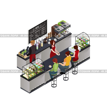 Hipster Coffee Bar Isometric Poster. Hipsters at coffee shop bar counter isometric modern colorful cafe design poster with chalkboard menu vector illustration . Стоковая иллюстрация, агентство Ingram Publishing / Фотобанк Лори