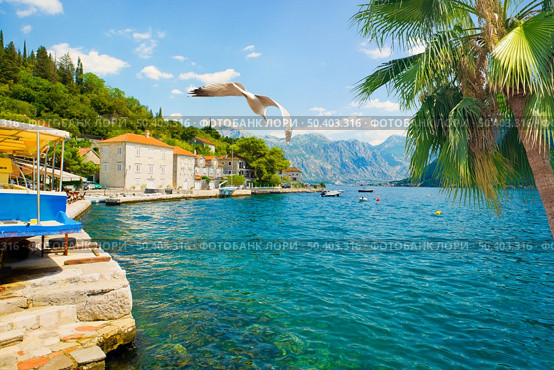 Historic city of Perast at Bay of Kotor in summer, Montenegro. Hot day in Perast. Стоковое фото, агентство Ingram Publishing / Фотобанк Лори