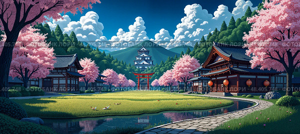 Historic Japanese castle , shiro stands amid blooming sakura , hanami, wooden temple , red torii gate  , winding stone path, serene pond, lush grass, mountains, springtime exploration. Стоковое AI-изображение, AI-художник Андрей Ка / Фотобанк Лори