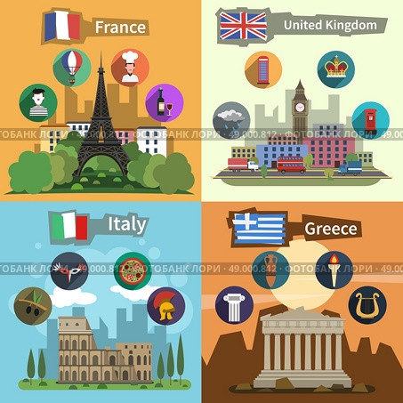 Historical landmarks sightseeing tours to greece france england and italy flat icons composition poster abstract vector illustration. Historical landmarks flat composition poster . Стоковая иллюстрация, агентство Ingram Publishing / Фотобанк Лори