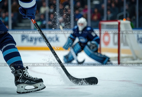 Hockey player is holding a hockey stick and is about to hit the puck. Стоковое AI-изображение, AI-художник Sergey Grishin / Фотобанк Лори
