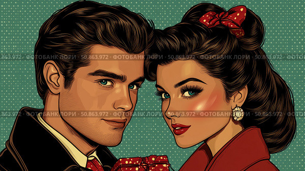 Holiday Romance: Sweethearts Present a Gift in a Retro Pop-Art Style. Стоковое AI-изображение, AI-художник Данила Большаков / Фотобанк Лори